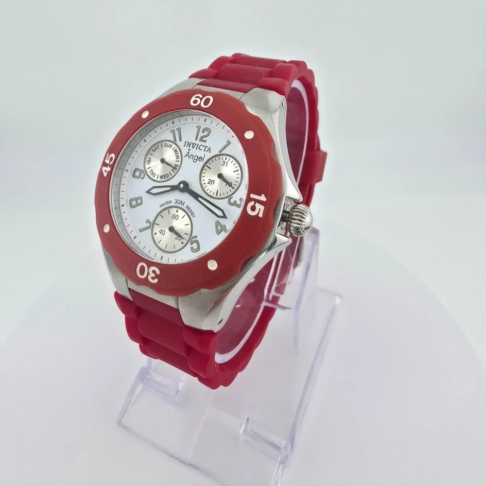 INVICTA 'Angel' Ladies Watch Diver Unidirectional Bezel Red Silicone Band 8